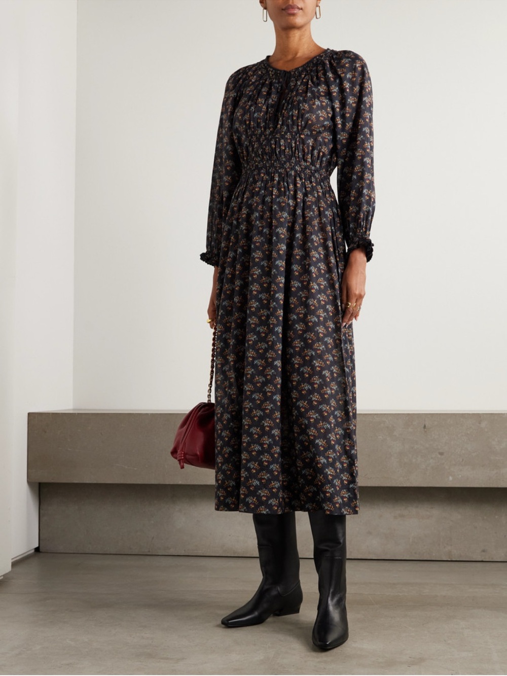 DOEN Smocked Waist Floral Midi Dress in Navy